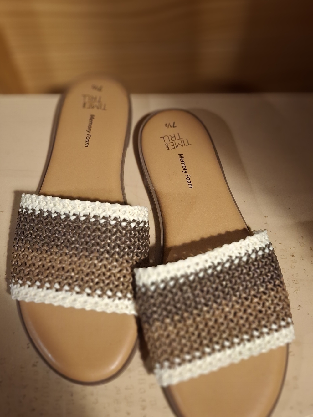 Time and Tru Brown and White Crochet Slide Sandals